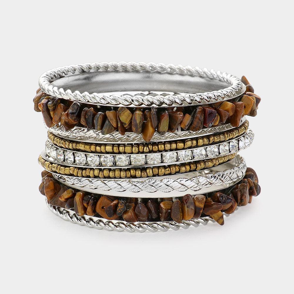 Brown 9PCS - Seafoam Pebble Beaded Metal Stack Bracelet