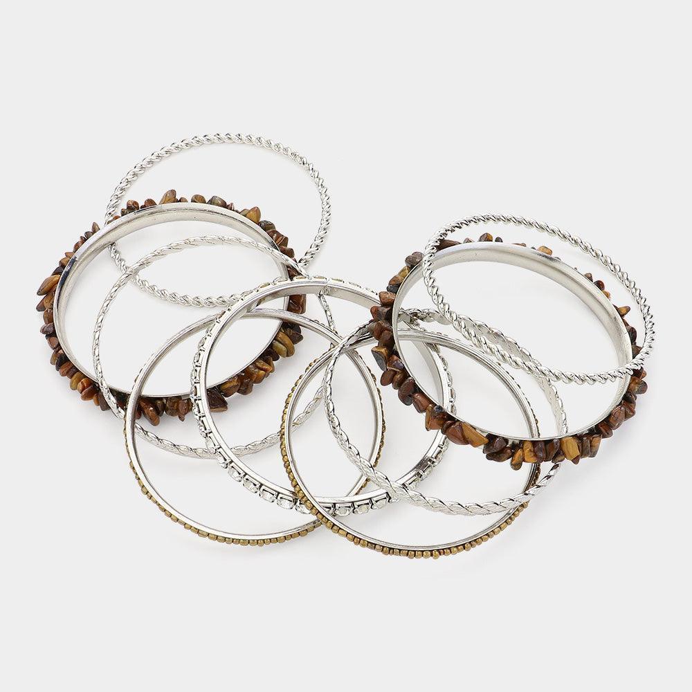 Brown 9PCS - Seafoam Pebble Beaded Metal Stack Bracelet - Jewelry Store by Erik Rayo