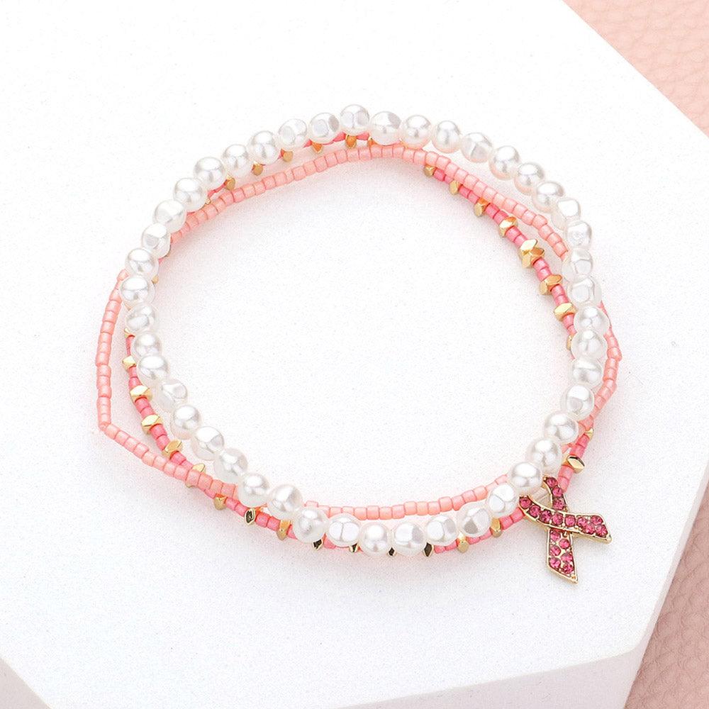 Pink 3PCS - Pink Ribbon Charm Pearl Beaded Stretch Bracelets