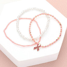 Load image into Gallery viewer, Pink 3PCS - Pink Ribbon Charm Pearl Beaded Stretch Bracelets
