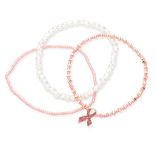 Load image into Gallery viewer, Pink 3PCS - Pink Ribbon Charm Pearl Beaded Stretch Bracelets
