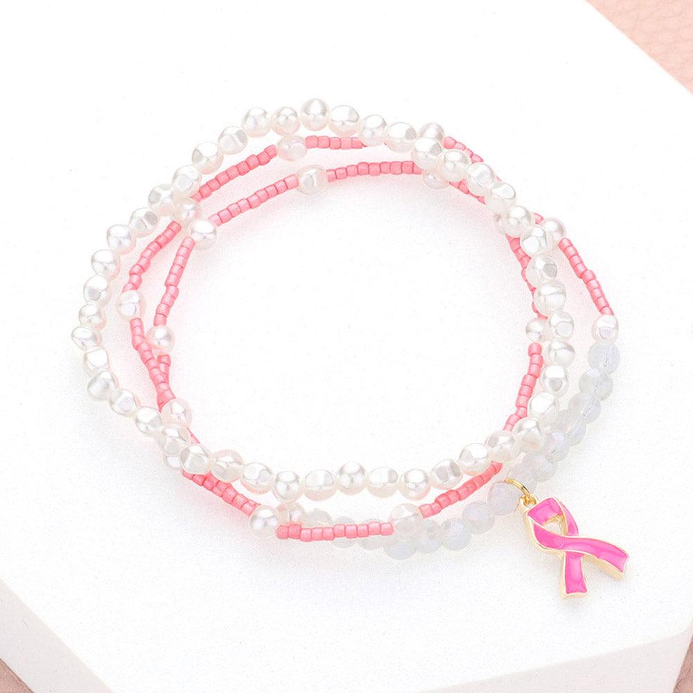 Pink 3PCS - Pink Ribbon Charm Pearl Beaded Stretch Bracelets