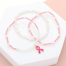 Load image into Gallery viewer, Pink 3PCS - Pink Ribbon Charm Pearl Beaded Stretch Bracelets
