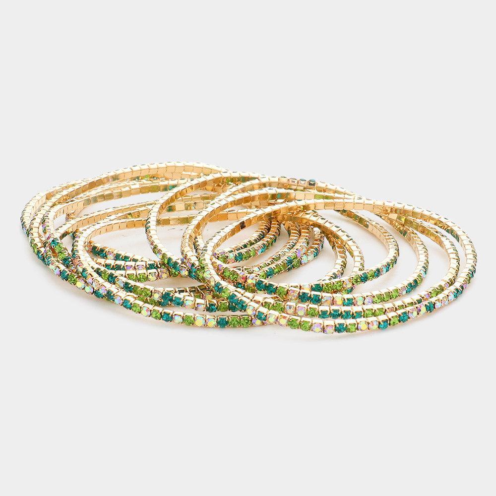 Green 11PCS - Colorful Rhinestone Layered Stretch Bracelets - Jewelry Store by Erik Rayo