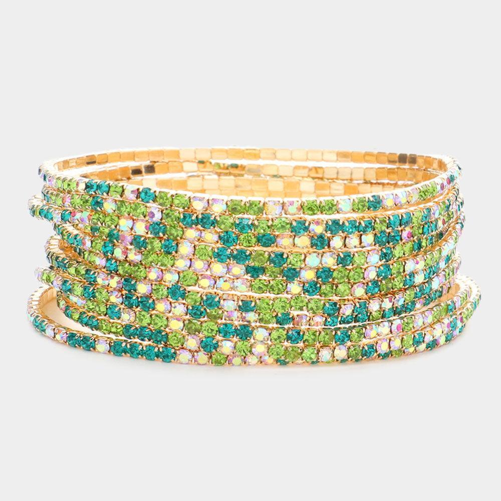 Green 11PCS - Colorful Rhinestone Layered Stretch Bracelets - Jewelry Store by Erik Rayo