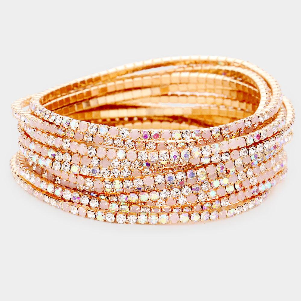 Pink 11PCS - Rhinestone Layered Stretch Bracelets