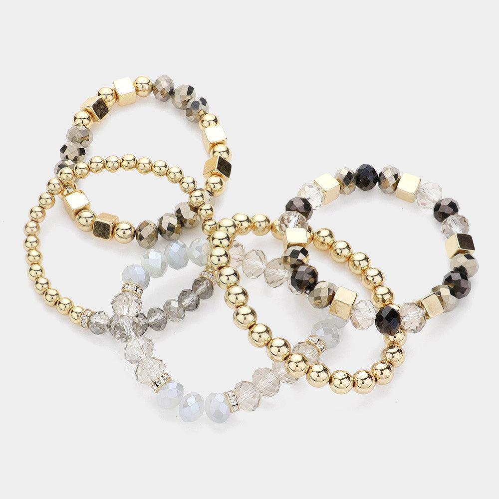 Black 5PCS Faceted Beads Metal Ball Beaded Multi Layered Stretch Bracelets - Jewelry Store by Erik Rayo