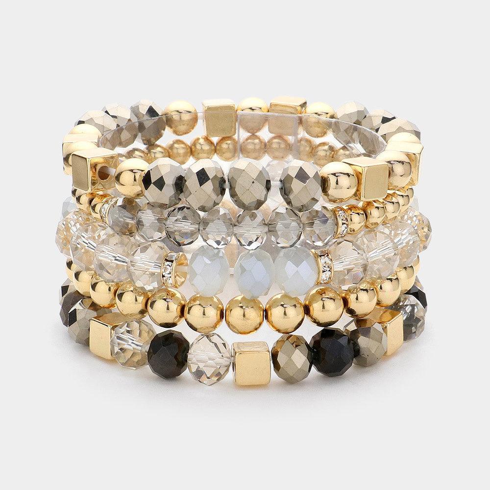 Black 5PCS Faceted Beads Metal Ball Beaded Multi Layered Stretch Bracelets - Jewelry Store by Erik Rayo