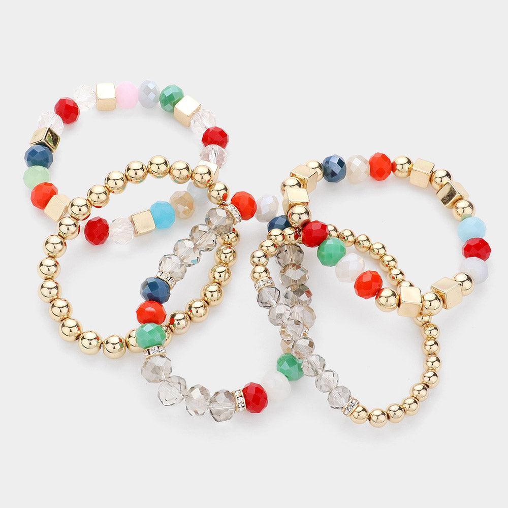 Gold 5PCS - Faceted Beads Metal Ball Beaded Multi Layered Stretch Bracelets - Jewelry Store by Erik Rayo