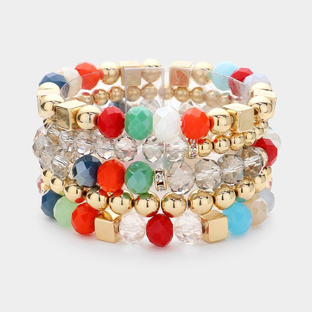 Gold 5PCS - Faceted Beads Metal Ball Beaded Multi Layered Stretch Bracelets - Jewelry Store by Erik Rayo