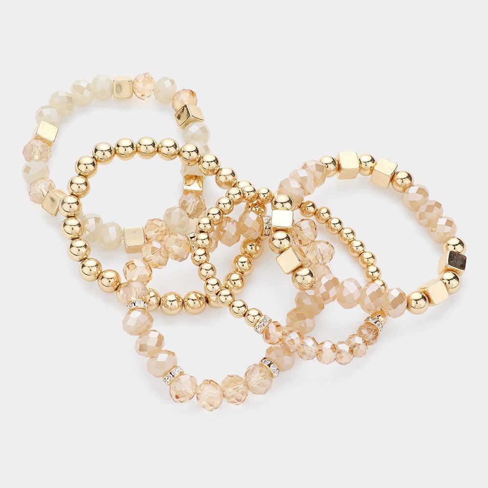 Gold 5PCS - Faceted Beads Metal Ball Beaded Multi Layered Stretch Bracelets