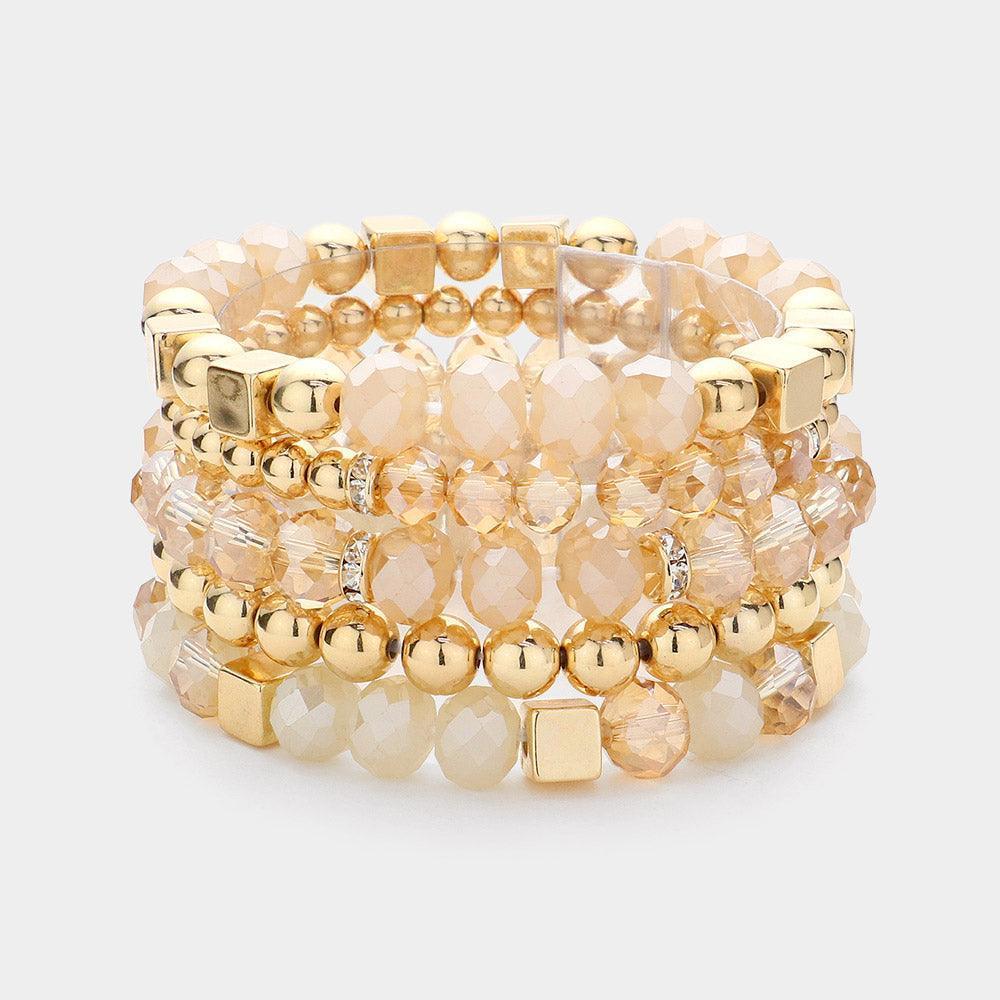 Gold 5PCS - Faceted Beads Metal Ball Beaded Multi Layered Stretch Bracelets