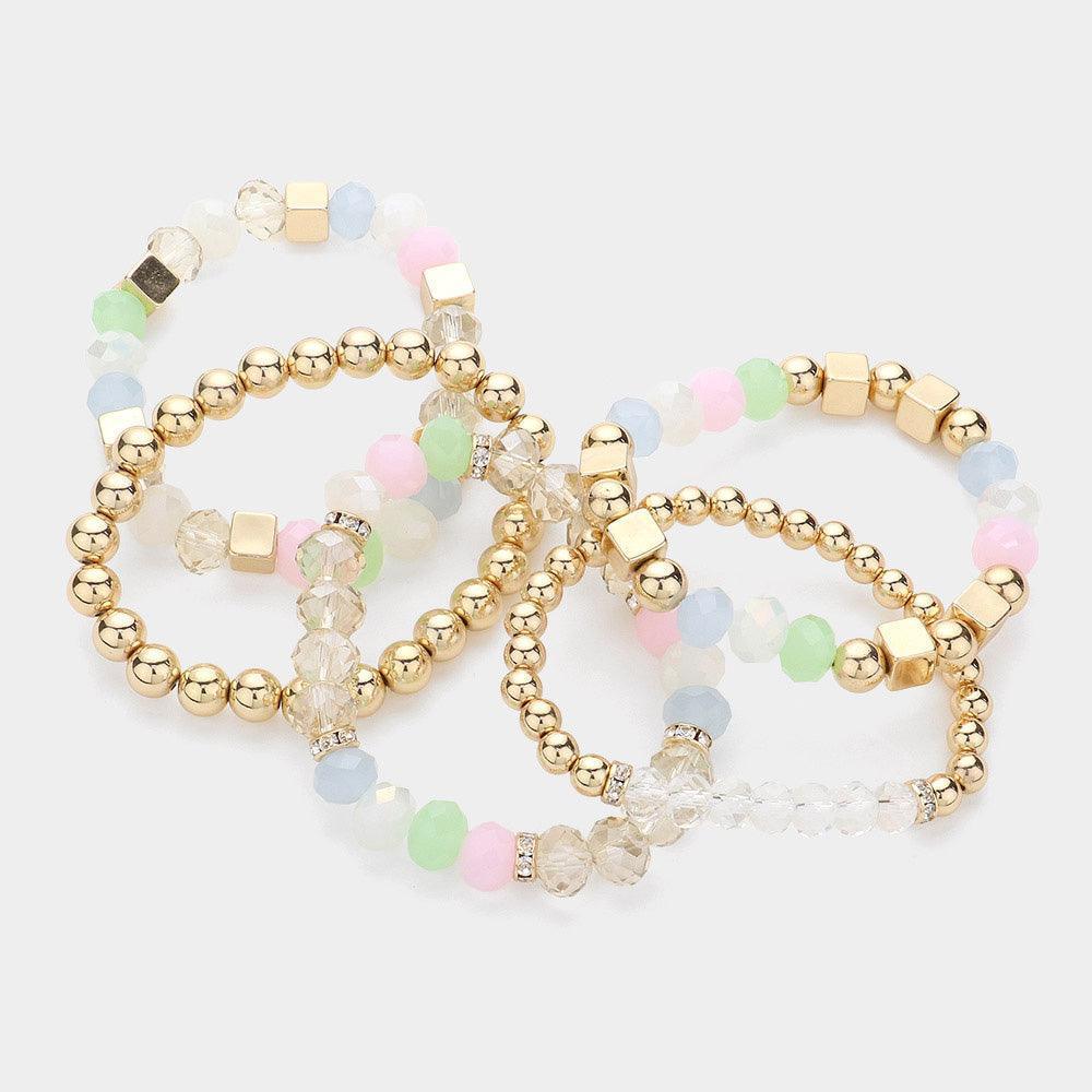 Gold 5PCS - Faceted Beads Metal Ball Beaded Multi Layered Stretch Bracelets - Jewelry Store by Erik Rayo