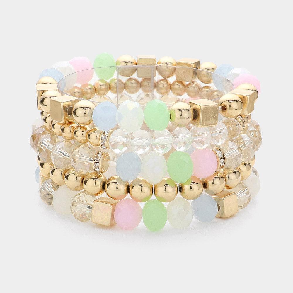 Gold 5PCS - Faceted Beads Metal Ball Beaded Multi Layered Stretch Bracelets - Jewelry Store by Erik Rayo