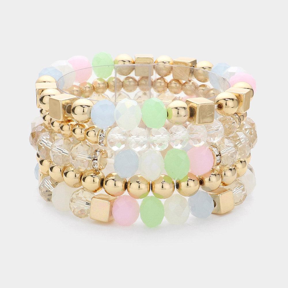 Gold 5PCS - Faceted Beads Metal Ball Beaded Multi Layered Stretch Bracelets