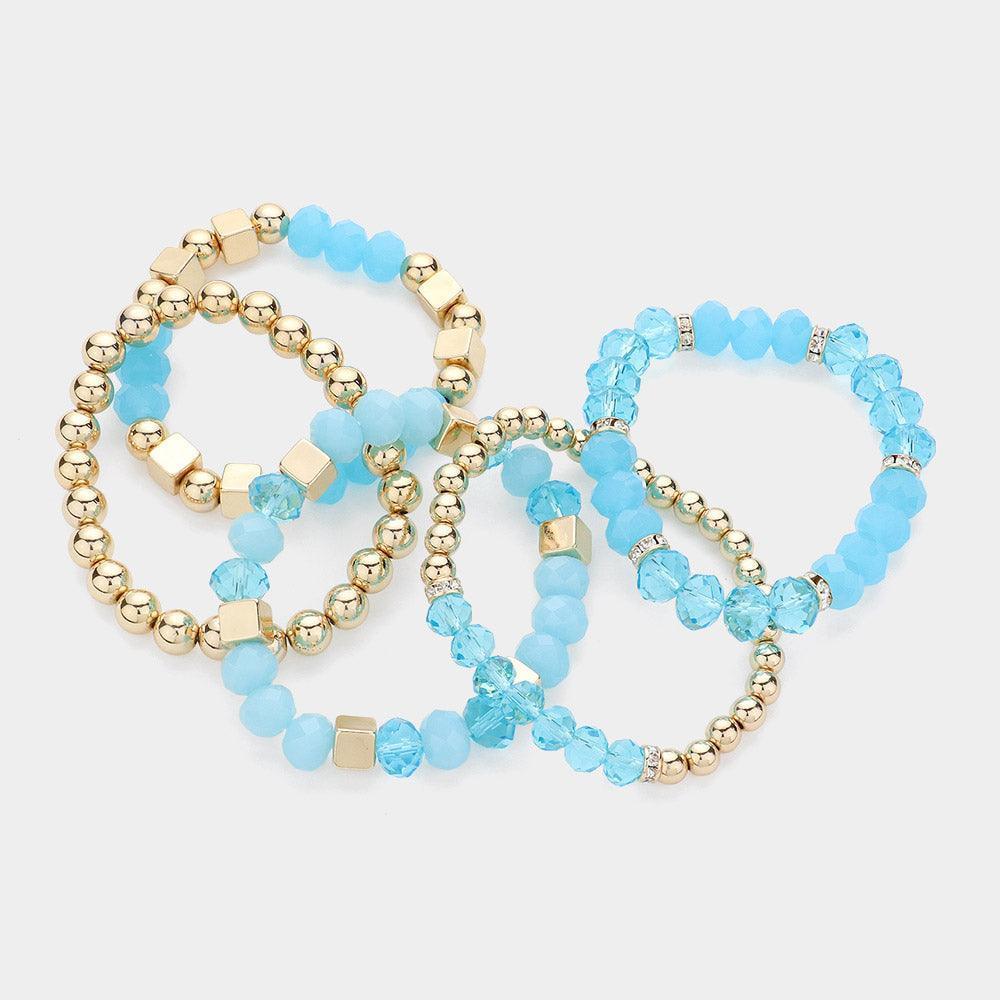 Turquoise 5PCS - Faceted Beads Metal Ball Beaded Multi Layered Stretch Bracelets - Jewelry Store by Erik Rayo