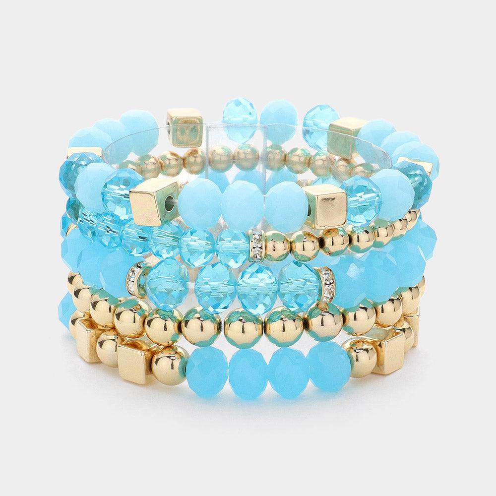 Turquoise 5PCS - Faceted Beads Metal Ball Beaded Multi Layered Stretch Bracelets