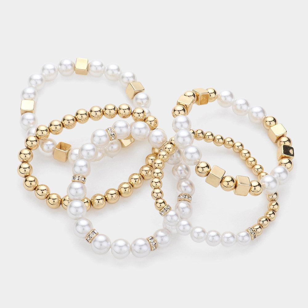 White 5PCS - Faceted Beads Metal Ball Beaded Multi Layered Stretch Bracelets - Jewelry Store by Erik Rayo