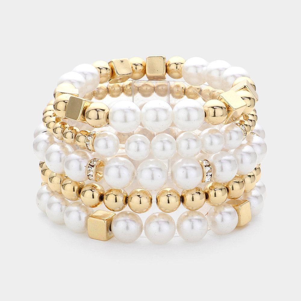 White 5PCS - Faceted Beads Metal Ball Beaded Multi Layered Stretch Bracelets - Jewelry Store by Erik Rayo