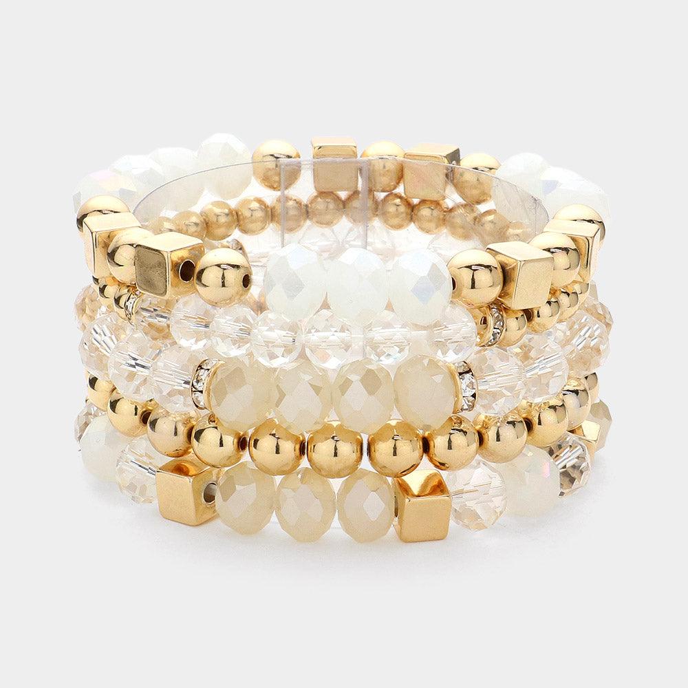 Gold 5PCS - Faceted Beads Metal Ball Beaded Multi Layered Stretch Bracelets