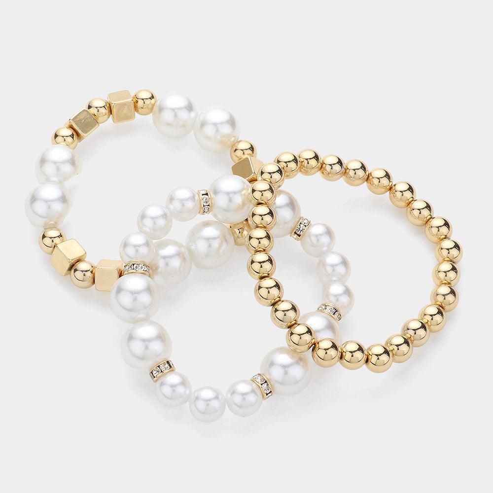Gold 3PCS - Pearl Metal Ball Beaded Stretch Multi Layered Bracelets - Jewelry Store by Erik Rayo