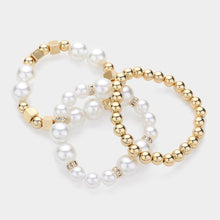 Load image into Gallery viewer, Gold 3PCS - Pearl Metal Ball Beaded Stretch Multi Layered Bracelets
