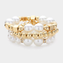 Load image into Gallery viewer, Gold 3PCS - Pearl Metal Ball Beaded Stretch Multi Layered Bracelets
