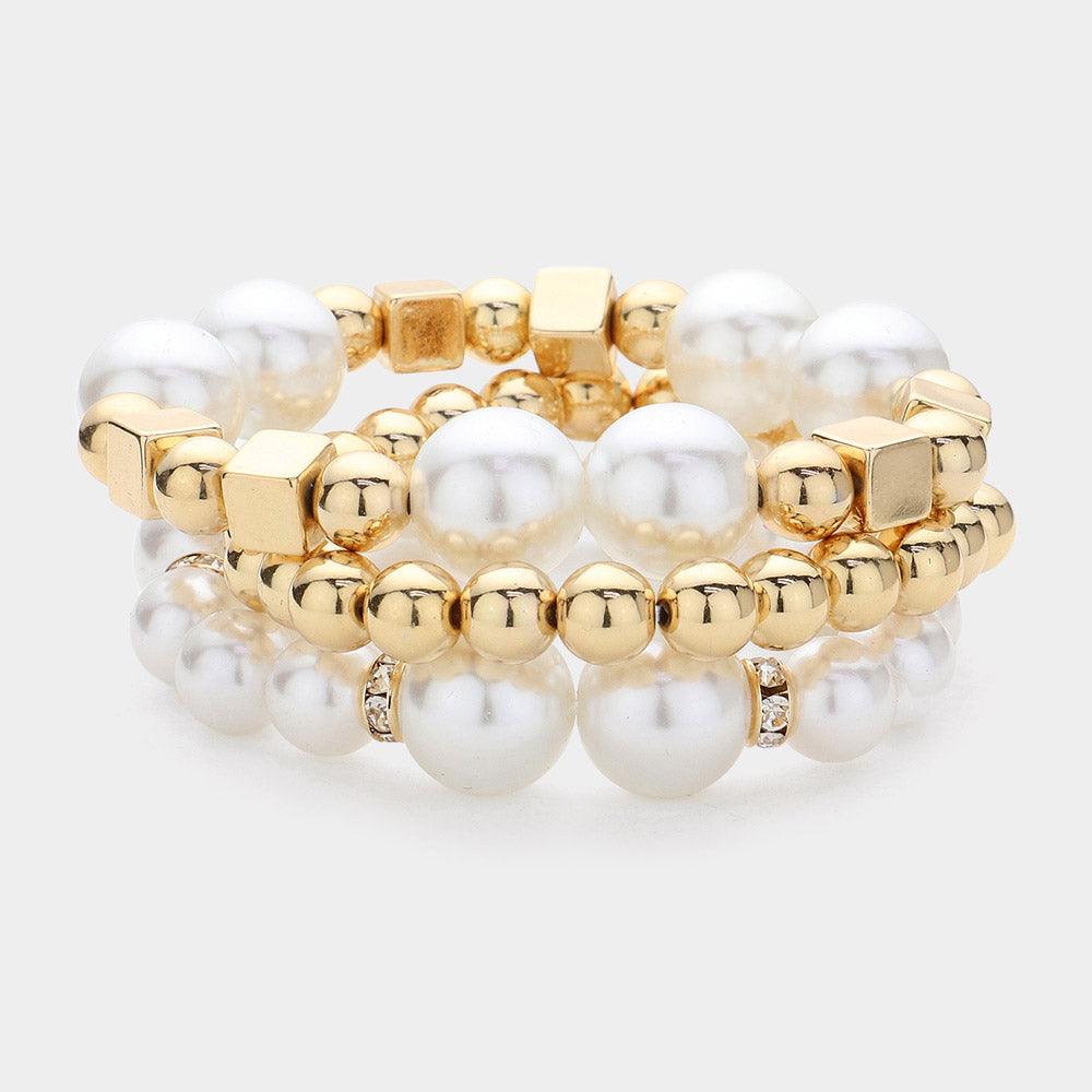 Gold 3PCS - Pearl Metal Ball Beaded Stretch Multi Layered Bracelets