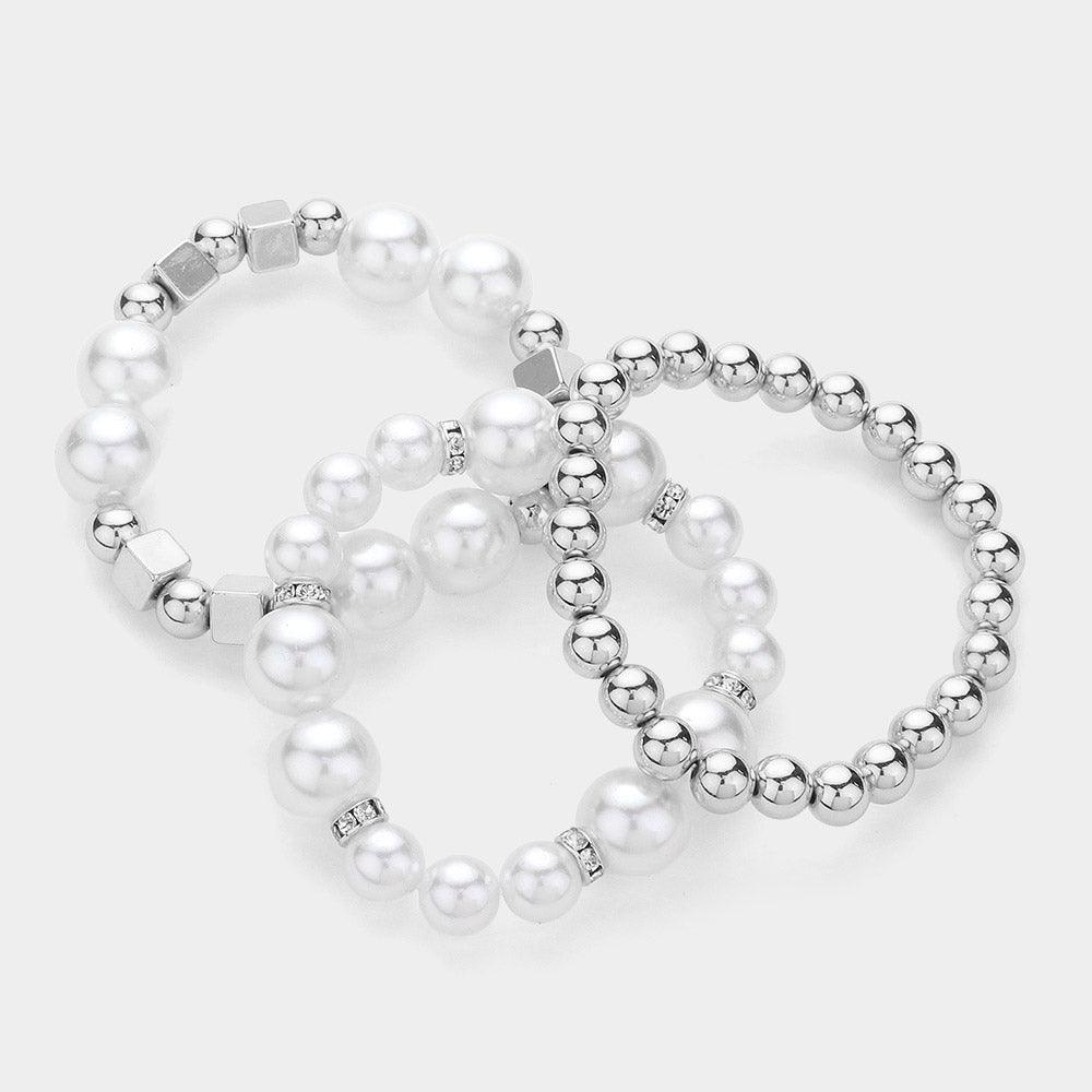 3PCS - Pearl Metal Ball Beaded Stretch Multi Layered Bracelets - Jewelry Store by Erik Rayo