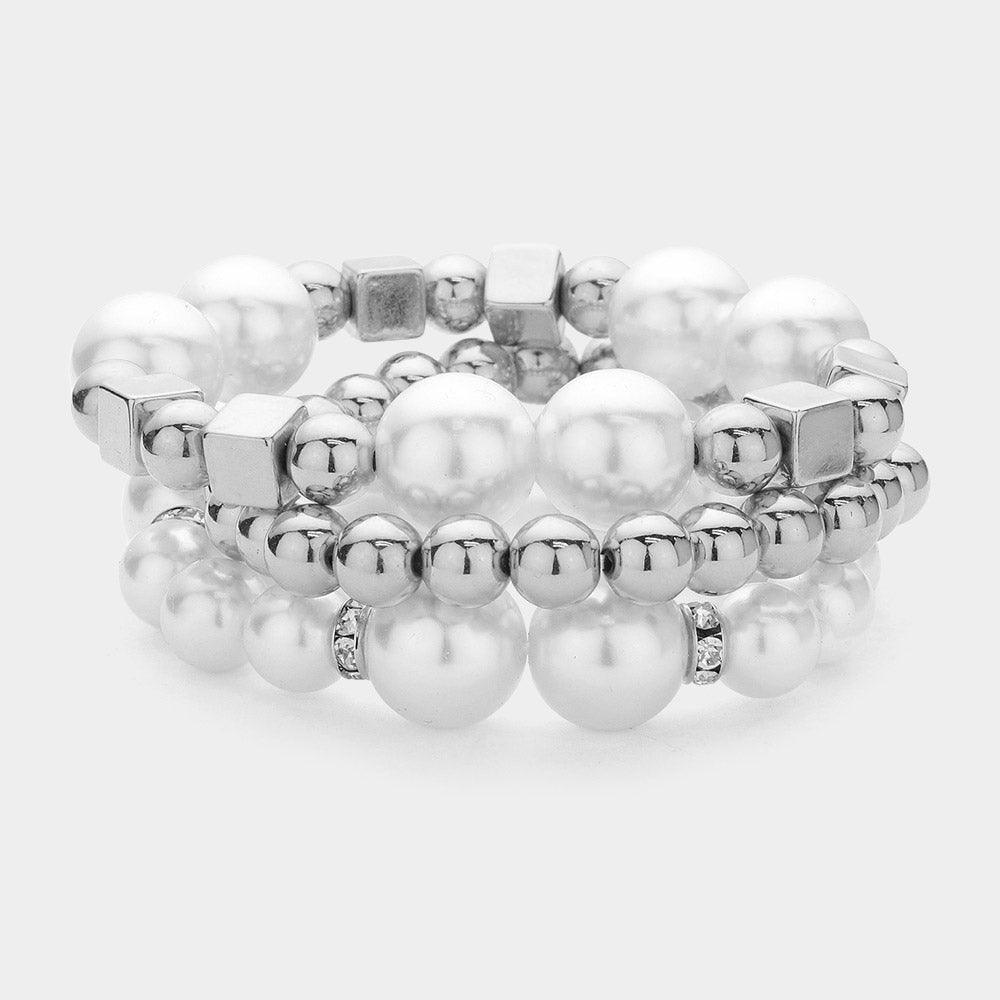 3PCS - Pearl Metal Ball Beaded Stretch Multi Layered Bracelets - Jewelry Store by Erik Rayo