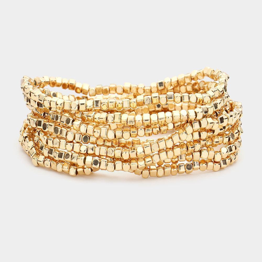 Gold 9PCS Metal Cube Beaded Stretch Bracelets - Jewelry Store by Erik Rayo