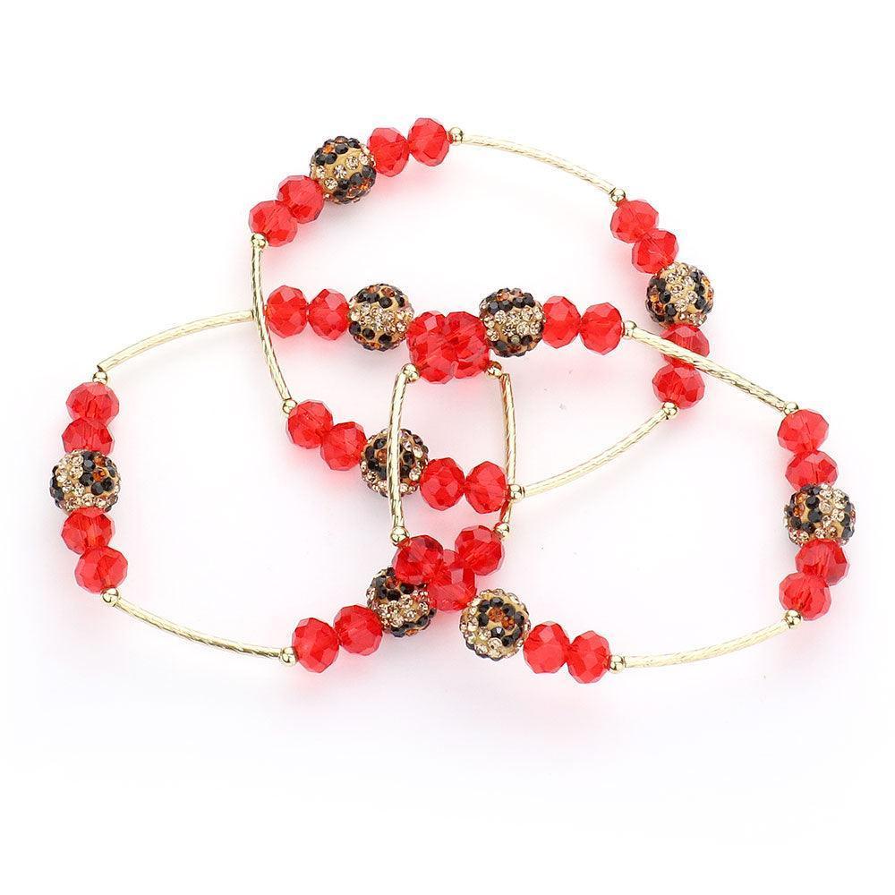 Red 3PCS Leopard Patterned Shamballa Ball Faceted Beaded Stretch Bracelets - Jewelry Store by Erik Rayo