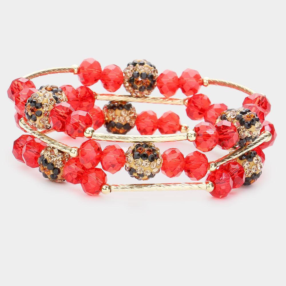 Red 3PCS Leopard Patterned Shamballa Ball Faceted Beaded Stretch Bracelets - Jewelry Store by Erik Rayo