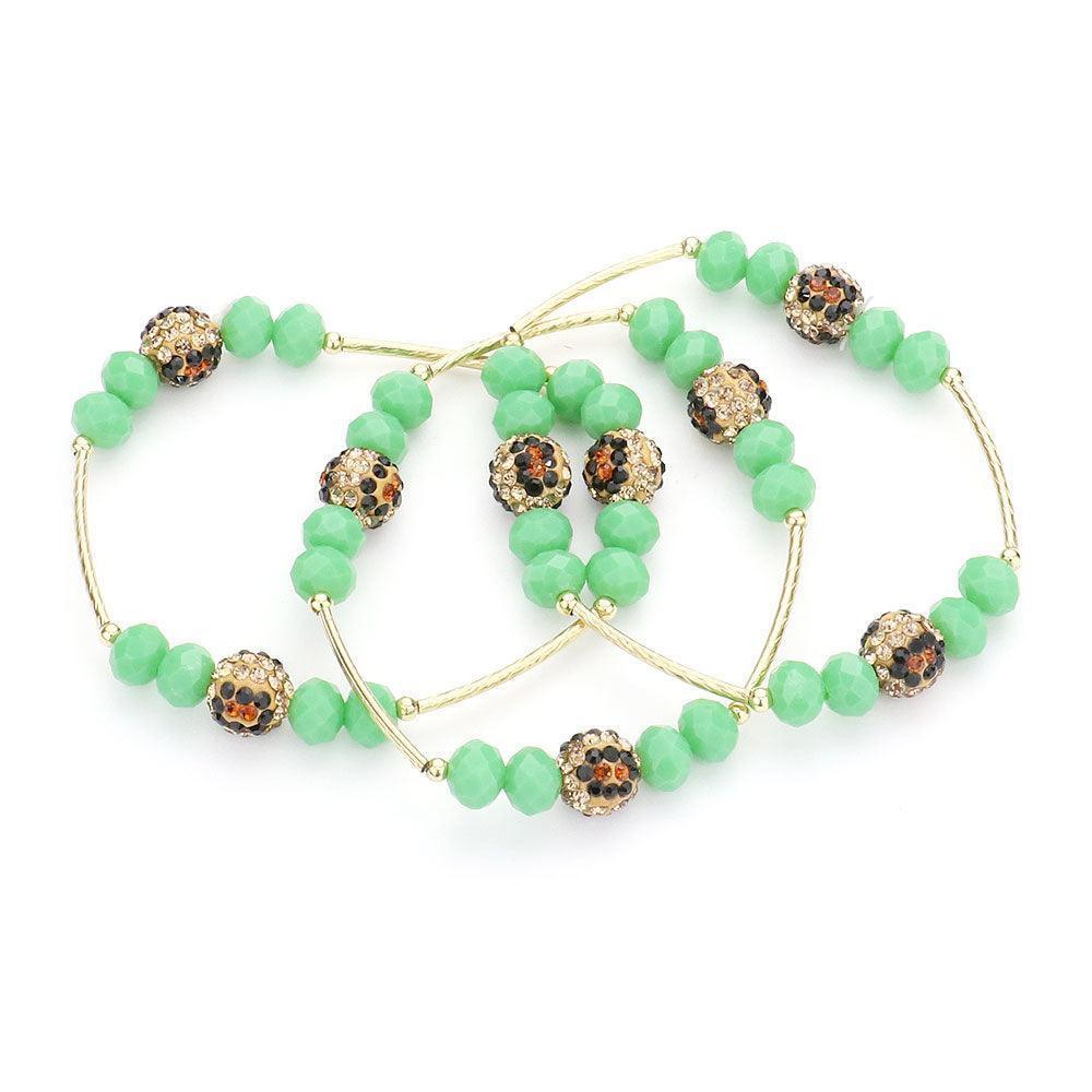 Green 3PCS Leopard Patterned Shamballa Ball Faceted Beaded Stretch Bracelets - Jewelry Store by Erik Rayo