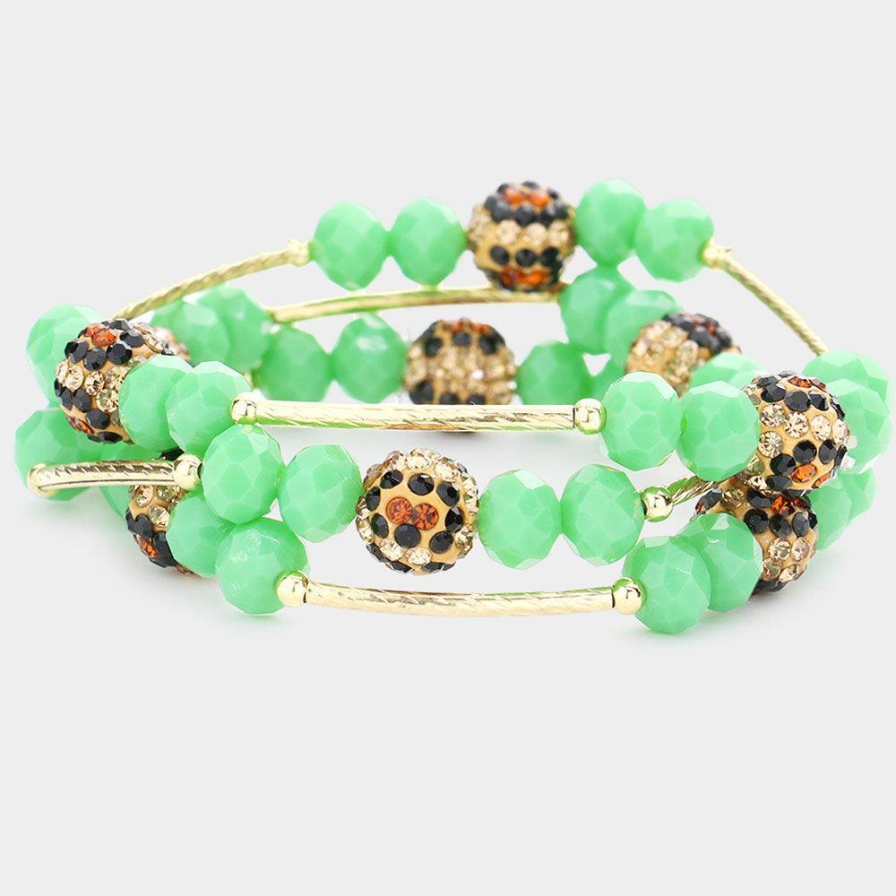Green 3PCS Leopard Patterned Shamballa Ball Faceted Beaded Stretch Bracelets - Jewelry Store by Erik Rayo