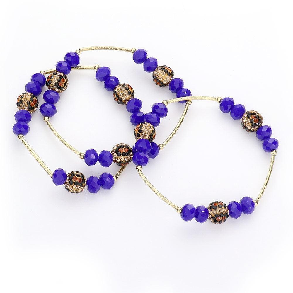 Blue 3PCS Leopard Patterned Shamballa Ball Faceted Beaded Stretch Bracelets - Jewelry Store by Erik Rayo