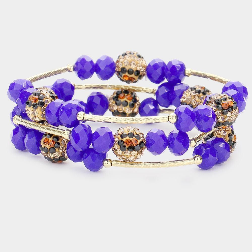 Blue 3PCS Leopard Patterned Shamballa Ball Faceted Beaded Stretch Bracelets - Jewelry Store by Erik Rayo