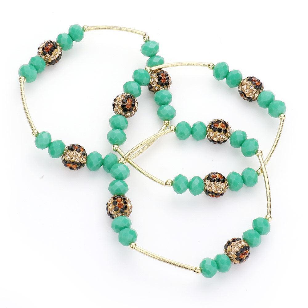 3PCS Leopard Patterned Shamballa Ball Faceted Beaded Stretch Bracelets - Jewelry Store by Erik Rayo