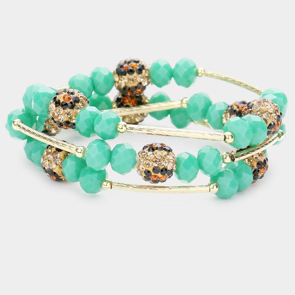 3PCS Leopard Patterned Shamballa Ball Faceted Beaded Stretch Bracelets - Jewelry Store by Erik Rayo
