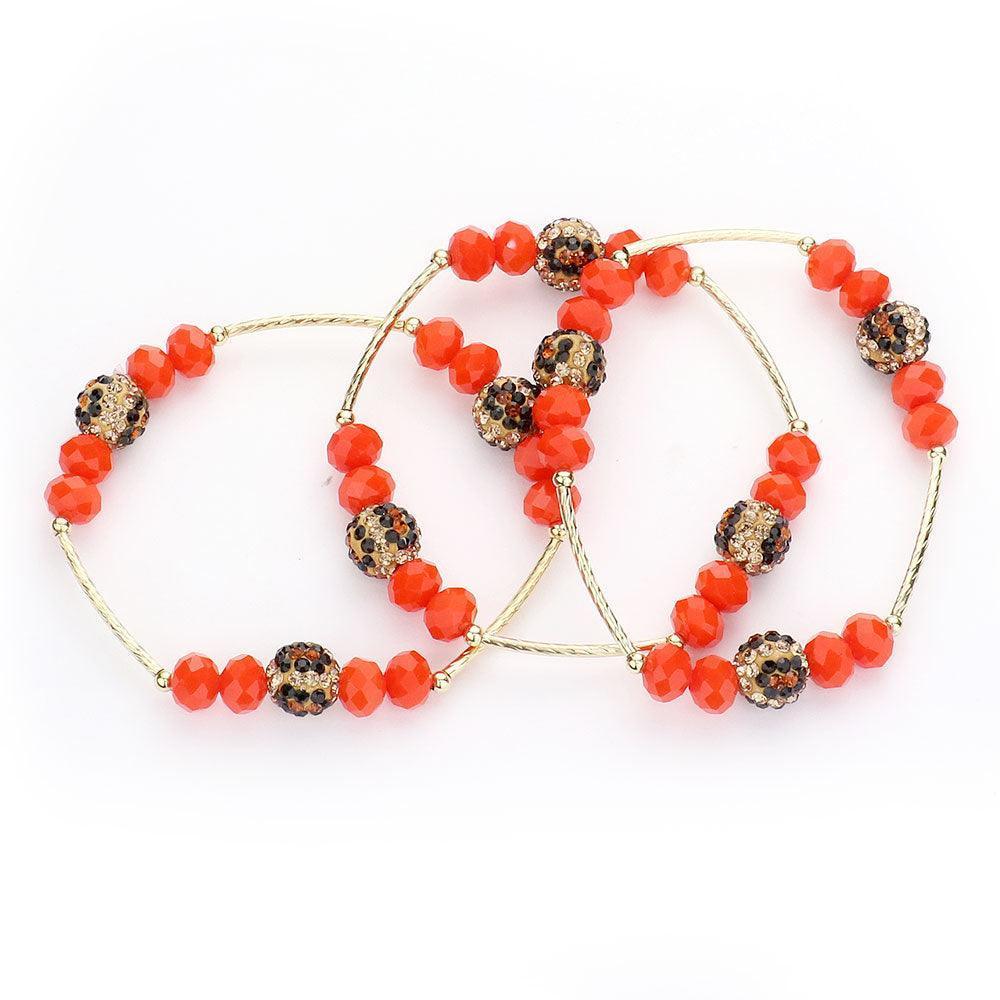 Orange 3PCS Leopard Patterned Shamballa Ball Faceted Beaded Stretch Bracelets - Jewelry Store by Erik Rayo
