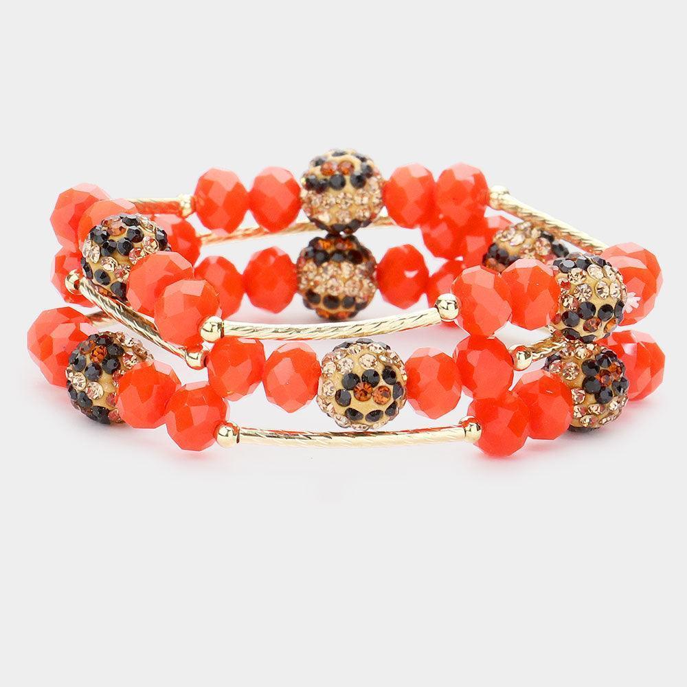 Orange 3PCS Leopard Patterned Shamballa Ball Faceted Beaded Stretch Bracelets - Jewelry Store by Erik Rayo