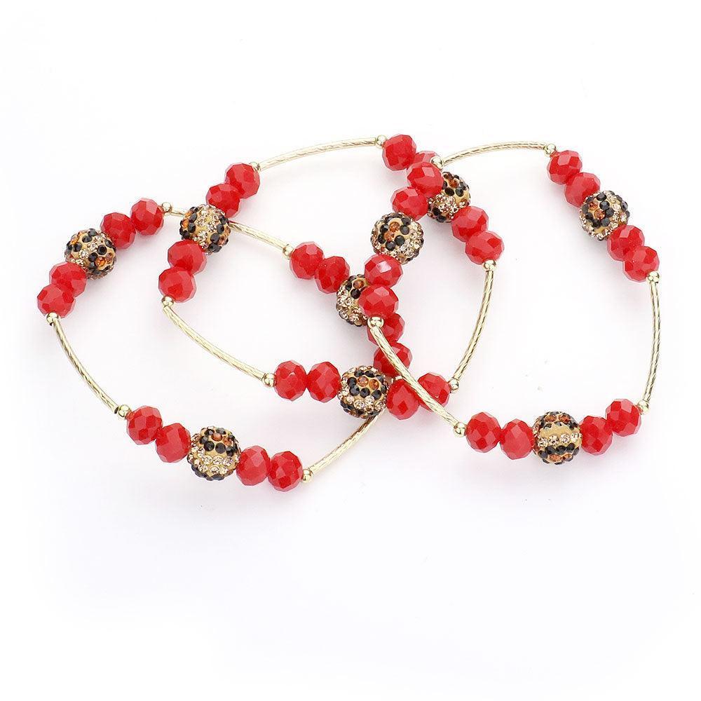 Red 3PCS Leopard Patterned Shamballa Ball Faceted Beaded Stretch Bracelets - Jewelry Store by Erik Rayo