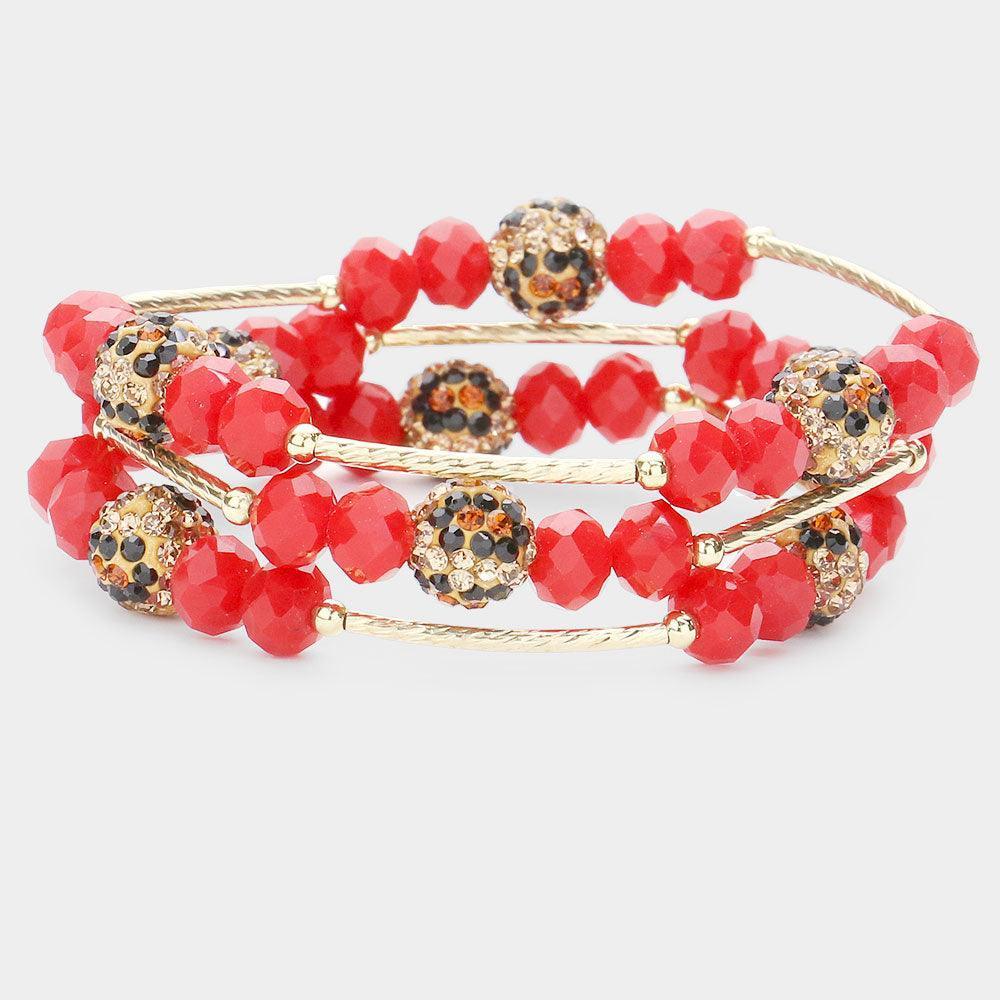 Red 3PCS Leopard Patterned Shamballa Ball Faceted Beaded Stretch Bracelets - Jewelry Store by Erik Rayo
