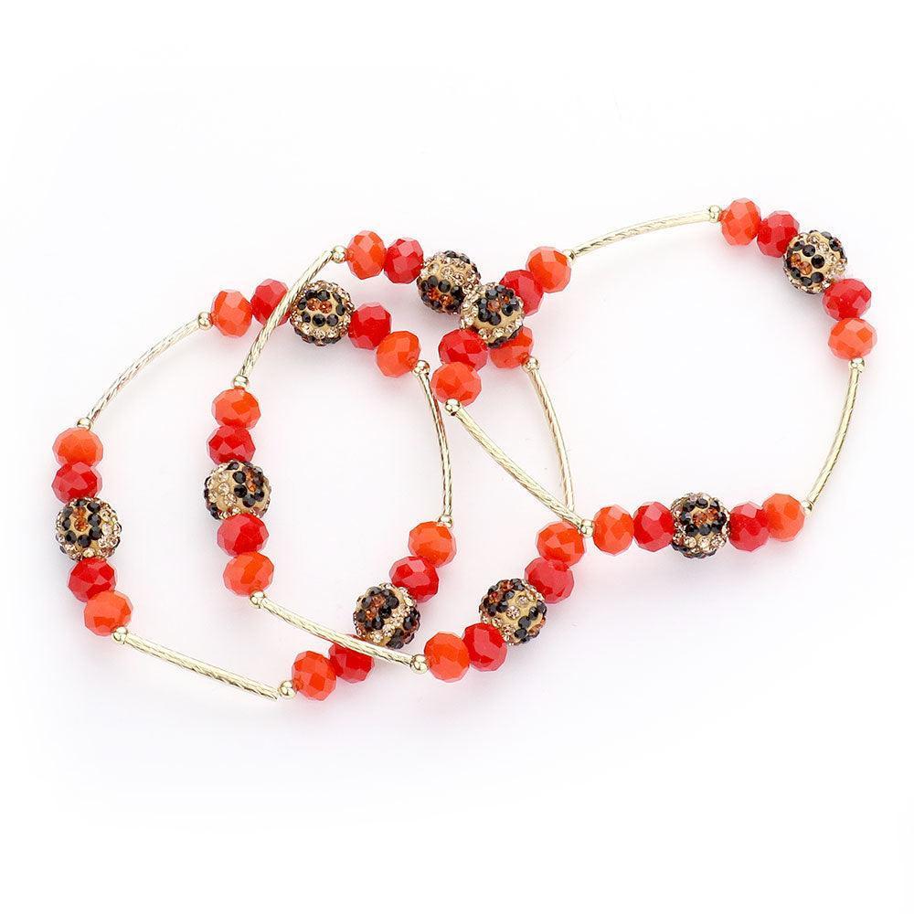 Orange 3PCS Leopard Patterned Shamballa Ball Faceted Beaded Stretch Bracelets - Jewelry Store by Erik Rayo
