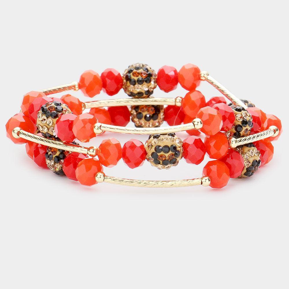 Orange 3PCS Leopard Patterned Shamballa Ball Faceted Beaded Stretch Bracelets - Jewelry Store by Erik Rayo