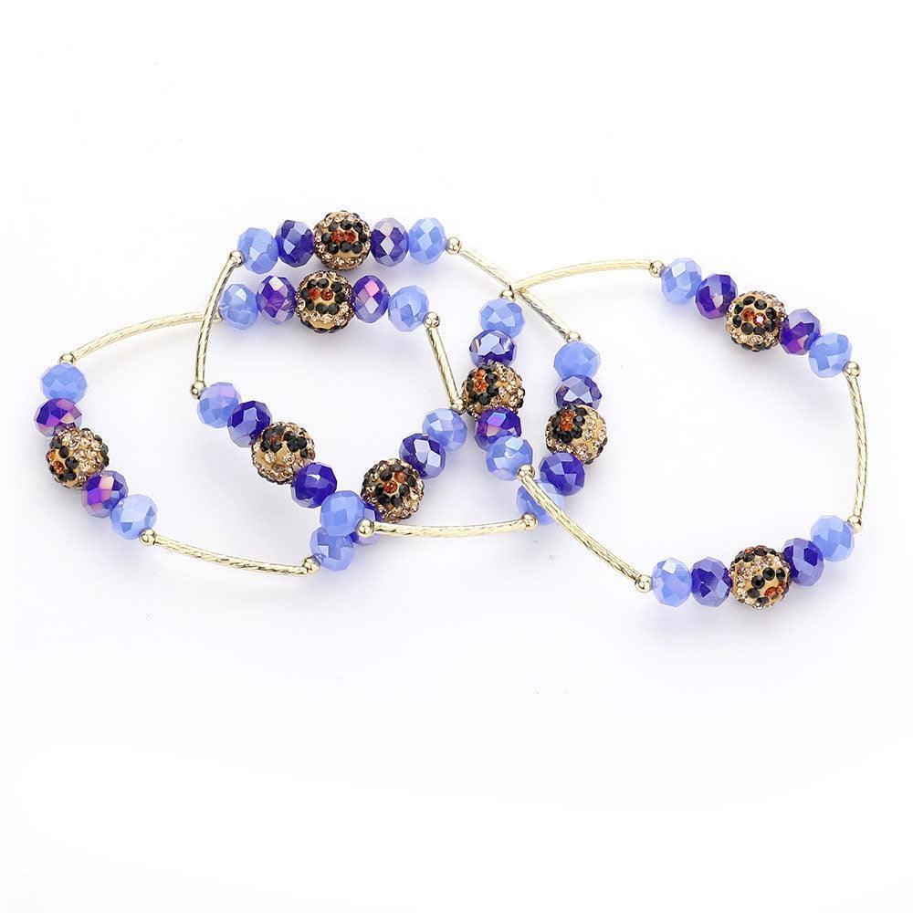 Blue 3PCS Leopard Patterned Shamballa Ball Faceted Beaded Stretch Bracelets - Jewelry Store by Erik Rayo