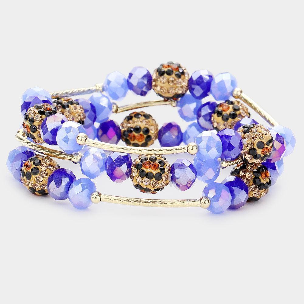 Blue 3PCS Leopard Patterned Shamballa Ball Faceted Beaded Stretch Bracelets - Jewelry Store by Erik Rayo