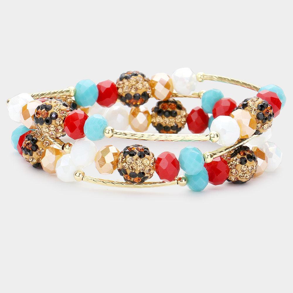 3PCS Leopard Patterned Shamballa Ball Faceted Beaded Stretch Bracelets - Jewelry Store by Erik Rayo