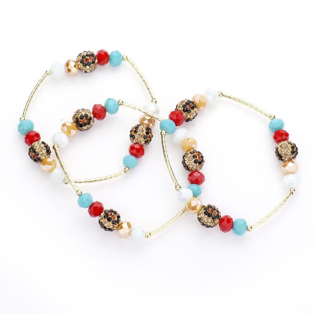 3PCS Leopard Patterned Shamballa Ball Faceted Beaded Stretch Bracelets - Jewelry Store by Erik Rayo