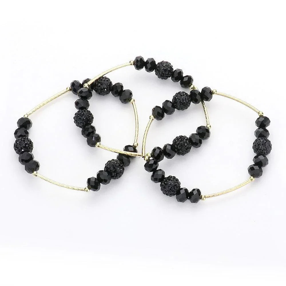 Black 3PCS Shamballa Ball Faceted Beaded Stretch Bracelets - Jewelry Store by Erik Rayo